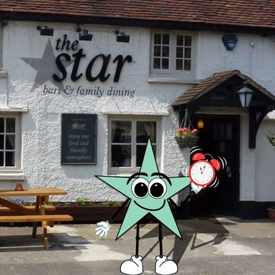 Cartoon Star man in front of the pub restaurant 