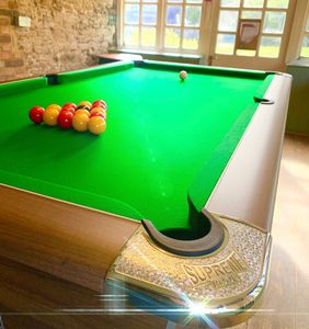 Pool table in a games room overlooking the garden.